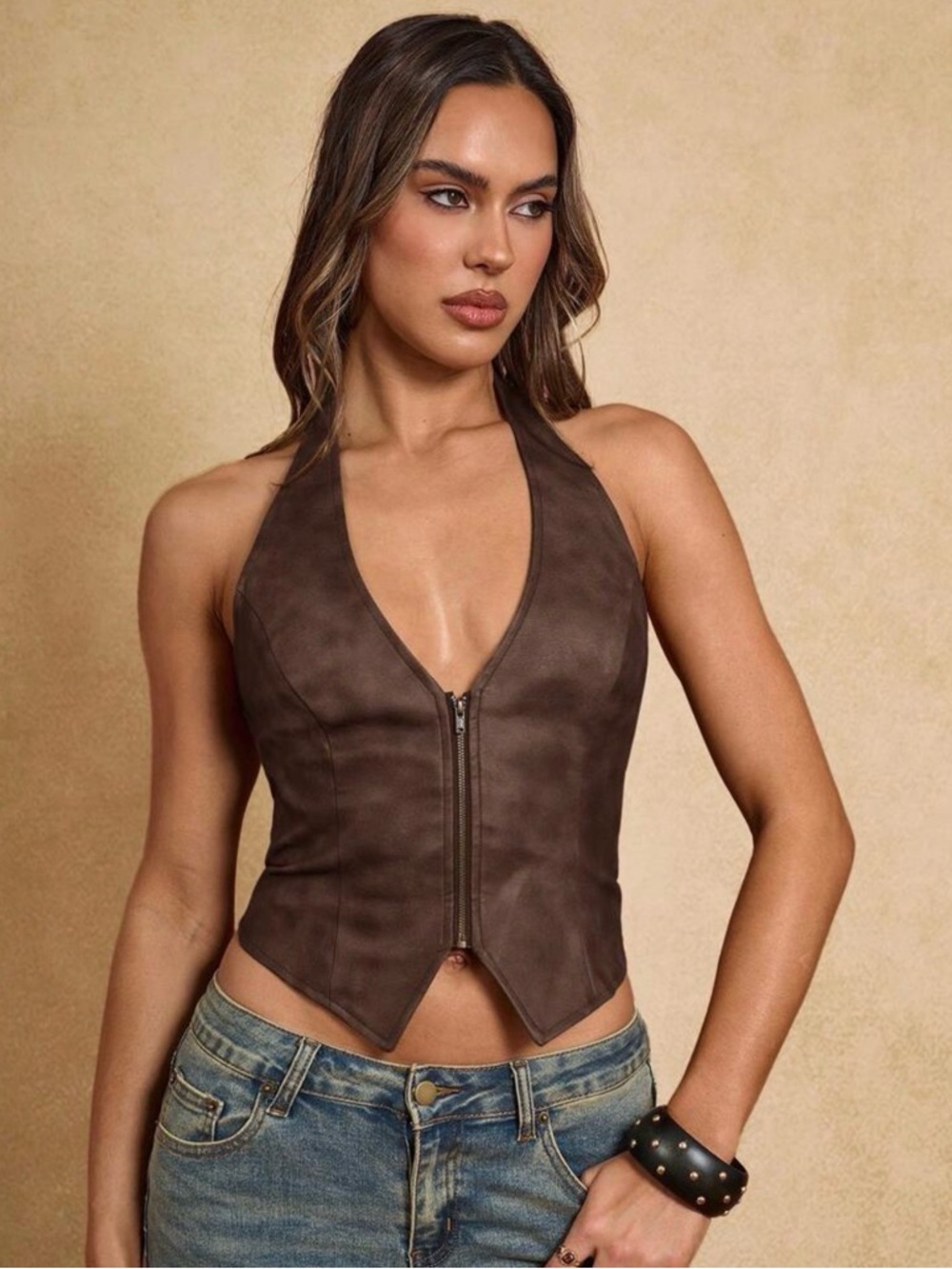 Women's Brown Faux-Leather Halter Zip Front Top